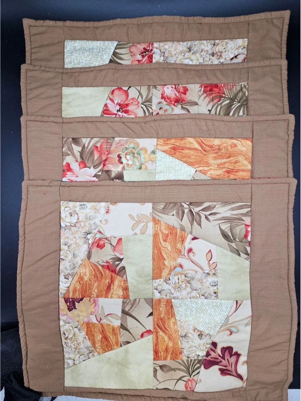 Handmade Quilted Placemats Lot of 4 Fall Autumn Pinecones Leaves Reversible